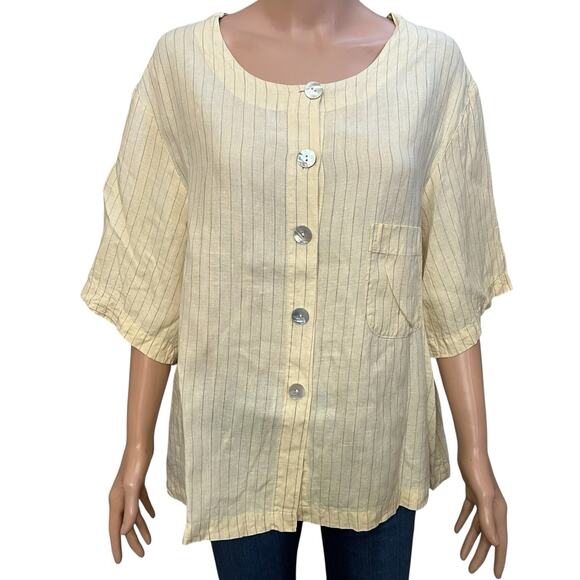 Via Vai By Pollero Women Linen Button Down Blouse Large Striped Lagenlook Casual - Picture 1 of 8